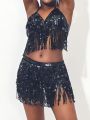 Belly Dance Top Bra Belt Set Latin Sequin Fringe Halter Hip Skirt Party Costume 4 Layer Tassel Stage Performance Cloth Wear.