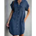 Women Denim Shirt Dresses Short Sleeve Distressed Jean Dress Button Down Casual Tunic Top. 