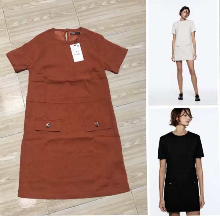 Zara Mini Dress, Matching Quality to the Original, Beautiful Soft Fabric, Straight Collar, Brick Red, Black.
