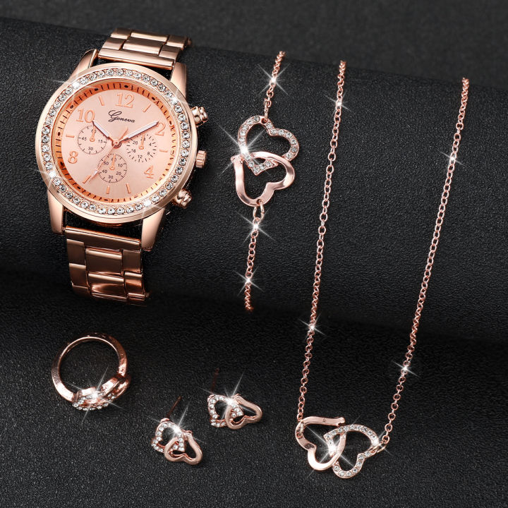 6PCS/Set%20Women's%20Watch%20Fashion%20Rhinestone%20Stainless%20Steel%20Band%20Quartz%20Watch%20Double%20Heart%20Jewelry%20Set(Without%20Box)%20-%20Image%204