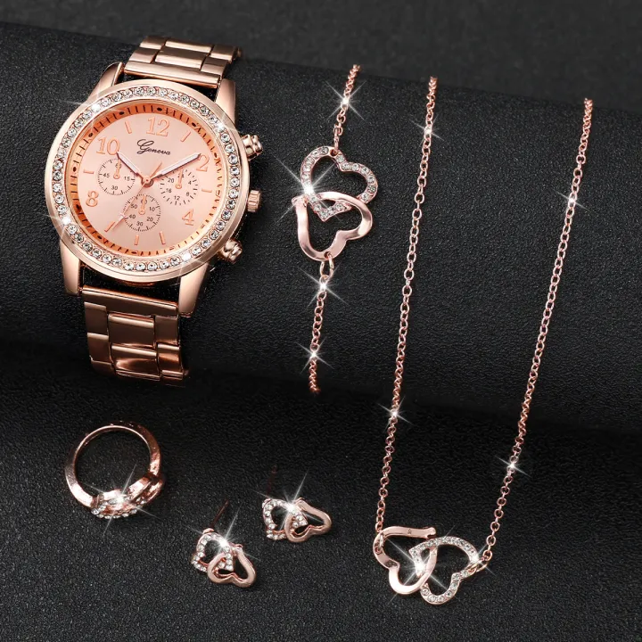 6PCS/Set%20Women's%20Watch%20Fashion%20Rhinestone%20Stainless%20Steel%20Band%20Quartz%20Watch%20Double%20Heart%20Jewelry%20Set(Without%20Box)%20-%20Image%204
