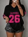 Women's California NO.26 Print V-Neck Short Sleeve T-Shirt Summer Graphic Tee Hole Mesh Jerseys Plus Size Sport T-Shirt.