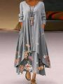 2024 New Fashion Trend Printed Long Sleeved Dress with Irregular Hem for Women. 
