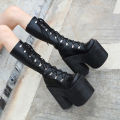 Gdgydh Women's Y2K Side Zipper Platform Boots Knee High Motorcycle Boots Black Closed Toe Lace Up Long Boots. 