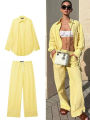 HH Women Yellow Stripe Blouse Pant Suit Loose Long Sleeve Shirt Drawstring Trousers 2024 Female Fashion Streetwear Outfits.