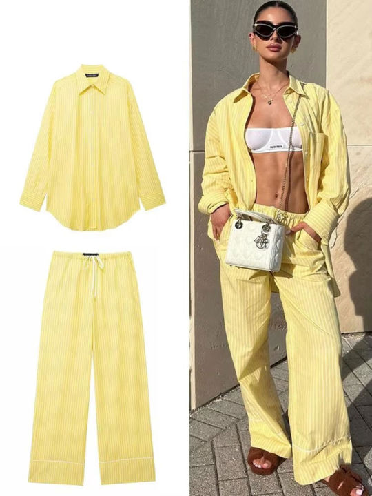 HH Women Yellow Stripe Blouse Pant Suit Loose Long Sleeve Shirt Drawstring Trousers 2024 Female Fashion Streetwear Outfits