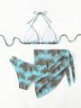 Women's 3 Piece Gradient Tie Dye Bathing Suit Lace Up High Cut Bikini with Beach Skirt.