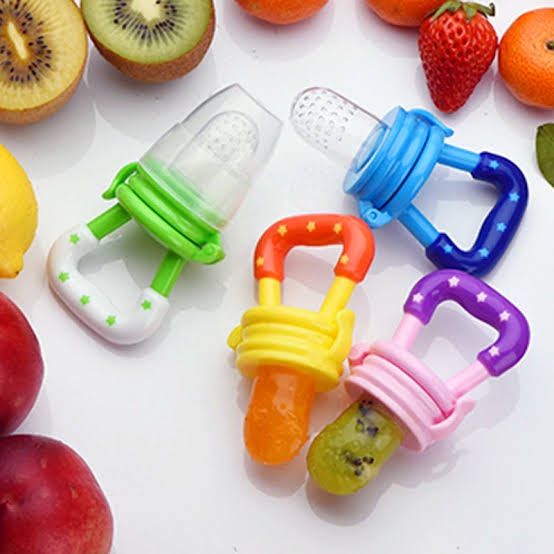 Baby Fruit Pacifier - Fruit And Vegetable Feeding Pacifier - Fruit Feeder - Fruit Choosni AVAILABLE IN MULTI COLOUR AND MULTI VARIETIES 2in1 set with silicon Spoon feeding bottol