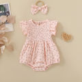 Summer female infant pink short-sleeved flower and plant print triangular Romper and bow headscarf two-piece set. 