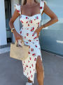 European and American summer new elegant design French flower suspender slit midi-length ladies dress.