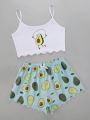 Avocado Print Camisole with Shorts Set Sleepwear Women Summer Pajamas Casual Lingerie Nightie Homewear Underwear.