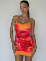 Nibber Spaghetti Strap Dress Women Y2K Backless Peach Hip Lace Up Bodycon Gradient Print Summer Beach Vacation Clubwear.