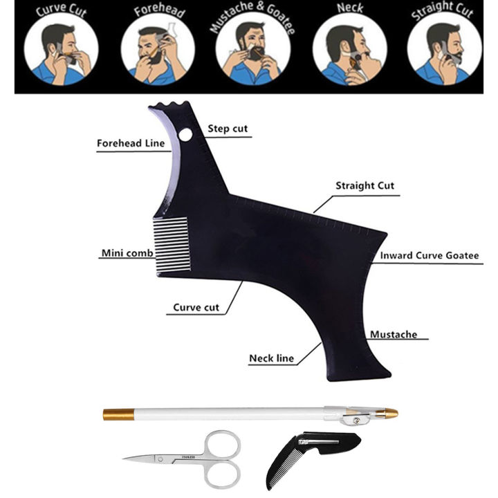 4Pcs%20Set%20Beard%20Shaping%20Kit%20Multi-Curve%20Hairline%20Template%20Beard%20Comb%20Pencil%20Scissors%20Barbershop%20Accessories%20Beard%20Styling%20Tool%20-%20Image%202