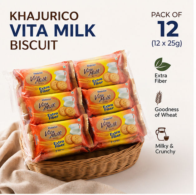 Khajurico Vita Milk Biscuit 25g | Crunchy Milk Flavored Biscuits | Nutritious Tea Time Snack for Kids & Family (Pack of 12)