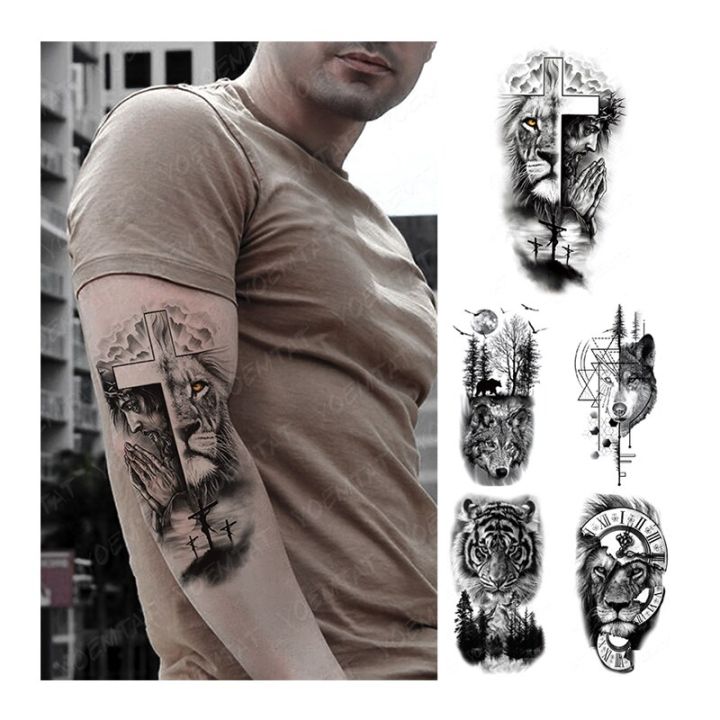 5PCS Waterproof Temporary Tattoo Sticker Praying Cross Lion Tiger Wolf Cross Wild Animal Women Men Arm Fake Sleeve Tattoos
