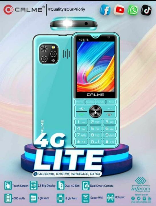 Calme 4G Lite - 2.8 Inch Touch Display - Dual 4G Sim - PTA Approved  - 1GB Ram - 8GB Memory - Super Wifi - Hotspot - Dual Smart Camera - 4000mAH Battery - Stylish Design - Whatsapp Video Calling - Facebook - Tiktok - Youtube - 1 Year brand warranty