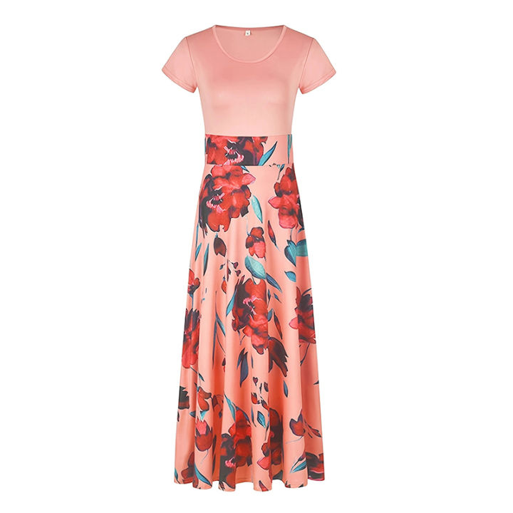 Printed%20Splicing%20Crew%20Neck%20Dress%20Elegant%20Short%20Sleeve%20Slim%20Waist%20Pleated%20Maxi%20Dress%20Women's%20Clothing%20-%20Image%205