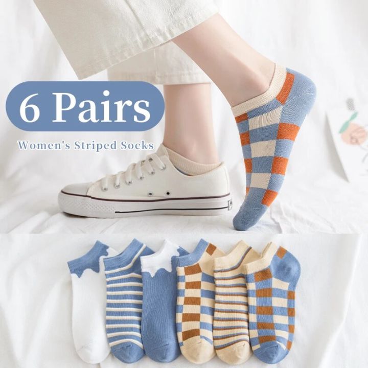 6 Pairs of Women's Spring and Summer Four Season Striped Plaid Fashion Trend Simple and Comfortable Sports Style Socks