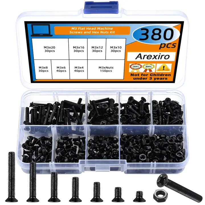 380Pcs%20M3%20Flat%20Head%20Machine%20Screws%20and%20Hex%20Nuts%20Kit%20Black%20Countersunk%20Head%20Phillips%20Screws%20Bolts%20Nuts%20Assortment%20Kit%20-%20Image%207