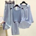 Autumn 2024 Women's Clothing Outfit Ladies Casual Loose Shirt Vest Wide Leg Denim Pants 3 Piece Sets Fashion Letter Jeans Blouse. 