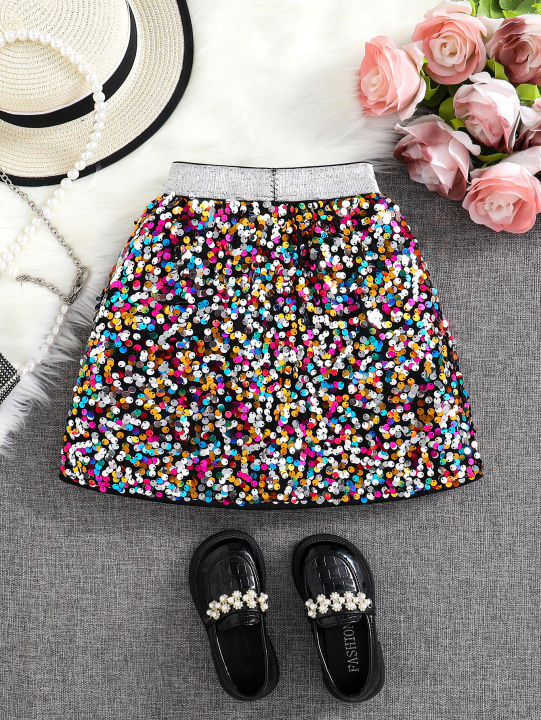 Spring%20and%20Autumn%20New%20Shiny%20Sequin%20A-line%20High-Waist%20Skirt%20for%20Girls;%20Single%20Piece%20-%20Image%202