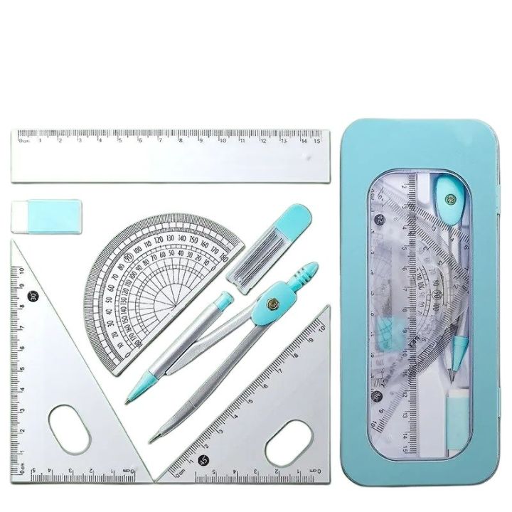 Blue Compass Ruler 7 Pieces Learning Tools Math Drawing Set for Students