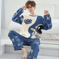 Plus Size Men Pajamas Autumn Winter Long-Sleeved Loose Leisure 2PCS/Set Letters Astronaut Blue O-Neck Soft Casual Sleepwear Xxxl. 