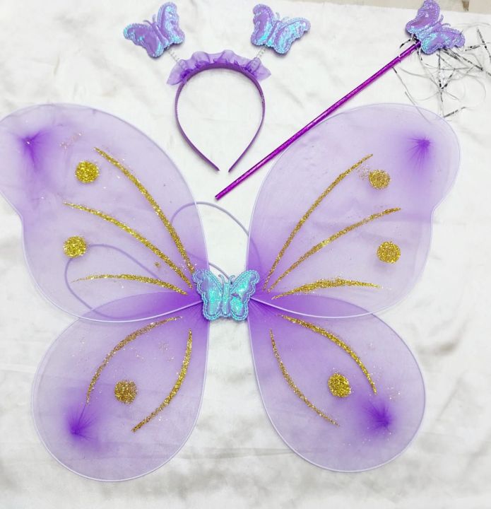 Fairy Wings Set For Girls 8 Color Buterflly Wings  Stick & Hairband Kids Party Dress Costume