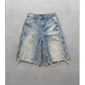 Summer men's loose straight denim shorts with high street splatter ink and raw hem breathable and stylish for daily outdoor wear. 