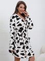 Cute Milk Cow Print Flannel Bathrobe For Women Long-Sleeve V-Neck Front-Belt Robe Soft Breathable Fit Sleeping And Lounging Pjs. 