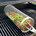 Round BBQ Basket Stainless Steel Rolling Grilling Basket Wire Mesh Cylinder Grill Basket Portable Outdoor Camping Barbecue Rack. 