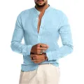Cotton Linen Hot Sale Men's Long-Sleeved Shirts Summer Solid Color  Stand-Up Collar Casual Beach Style Plus Size. 
