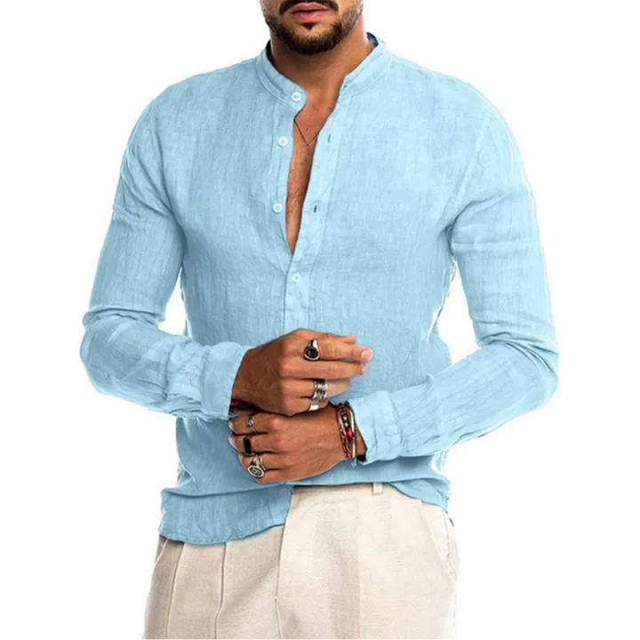 Cotton Linen Hot Sale Men's Long-Sleeved Shirts Summer Solid Color  Stand-Up Collar Casual Beach Style Plus Size