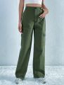 Women's Dark Green Cargo Box Pant High Waist Wide Leg Loose Fit Trousers. 