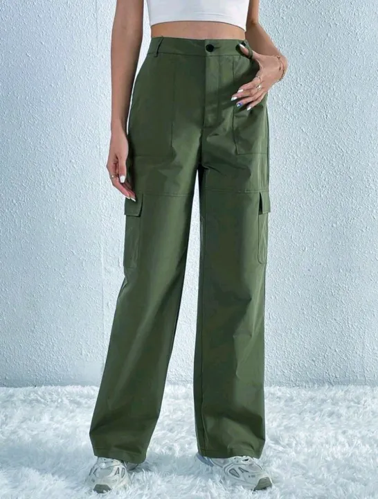 Women's%20Dark%20Green%20Cargo%20Box%20Pant%20High%20Waist%20Wide%20Leg%20Loose%20Fit%20Trousers%20-%20Image%202