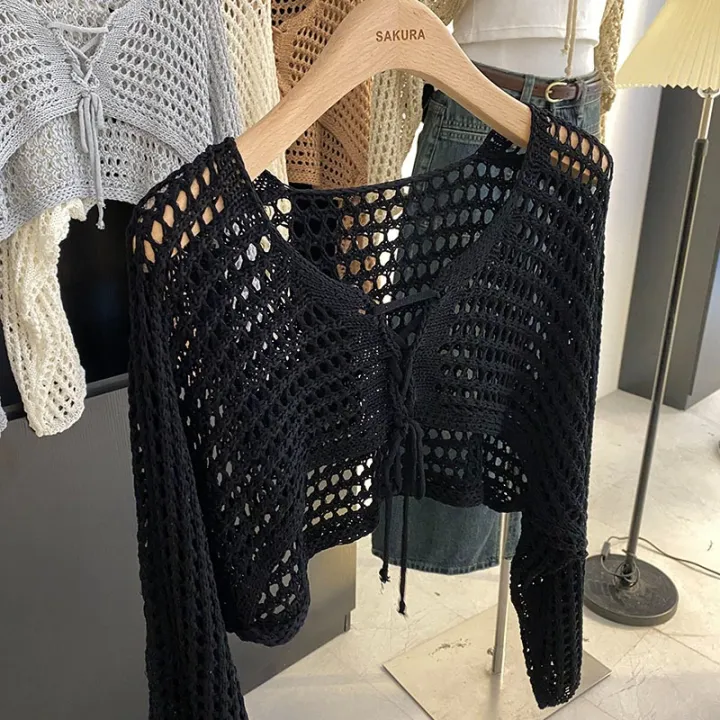 Crochet%20Crop%20Tie%20Front%20Cardigan%20Women%20Long%20Sleeve%20Sheer%20OpenKnit%20Bolero%20Shrug%20Top%20Summer%20Beach%20Bikini%20Cover%20Up%20Y2K%20Outfit%20-%20Image%206