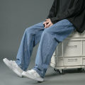 Korean Men's Casual Hip Hop Long Baggy Jeans Classic Man Straight Wide Leg Denim Pants Light Blue Grey Black Streetwear Trousers. 