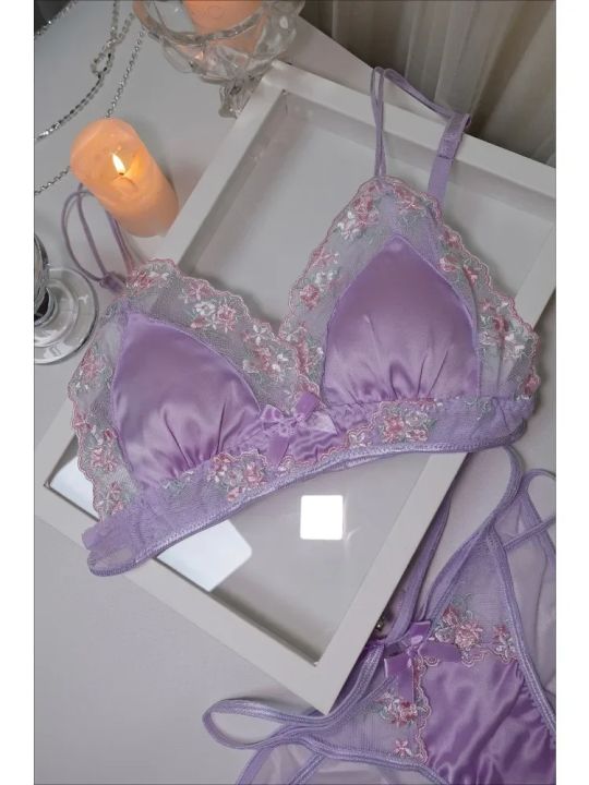 MOYISU Luxury Chinese Style Pure Desire Girl Bra Thin Triangle Cup Purple Embroidery Light Luxury Silk Lace Underwear Set