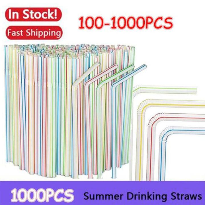 100-1000PC Fluorescent Plastic Bendable Drinking Straws Disposable Beverage Straws Wedding Decor Kitchen Beverage Party Supplies