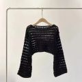 Fishnet Crochet Top Long Sleeve Crop Pullover Women Summer Cover Up Open-knit Blouse Y2K Grunge Outfit. 