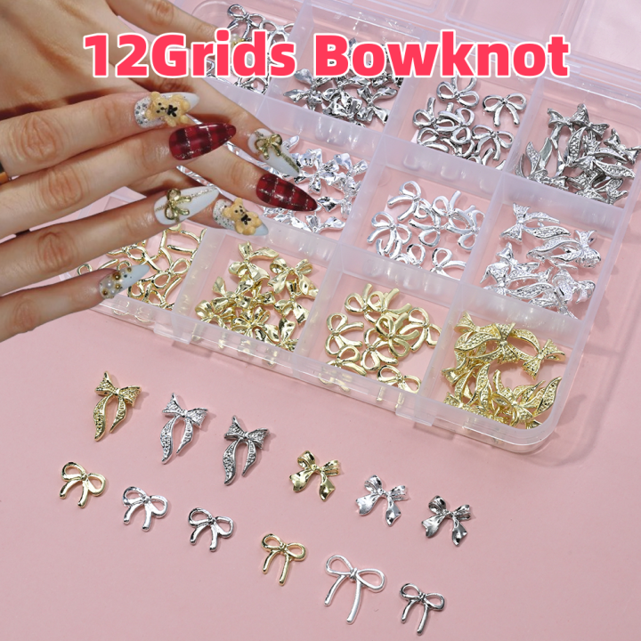 96/50Pcs 3D Bowknot/Ribbon Metal Nail Art Charms Sliver/Gold Alloy Bows Nails Rhinestones Decor Luxury DIY Manicure Accessories