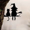 Garden Stake Iron Silhouette Cute Witch and Cat Tree Stump Plug-in Yard Art for Lawn Courtyard Decor.