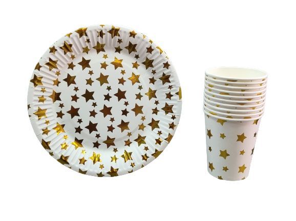 gold stars printed 200ml cups & 7"plates each 10 pcs sets