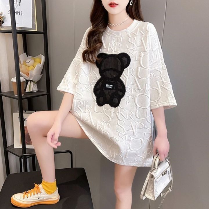 Women's T-shirts Harajuku Girls Plus Size Tops Letter Jacquard O-neck Short Sleeves Loose Summer Tshirt Bear White Tees M-2XL