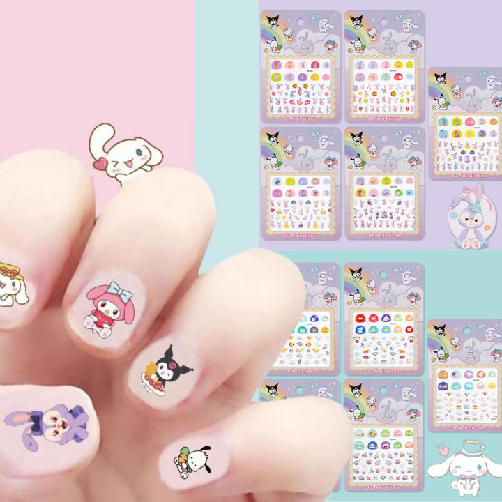 5pcs/set Cartoon Hello Kitty 3D Nail Stickers Press on Nails Sanrio Melody Kuromi Nail Art Decoration Fun Anime Nail Art Decals