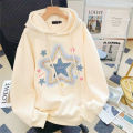 Spring And Autumn Star Print Milk Apricot Color Hooded Coat Street Harajuku Outerwear ﻿Vintage Star Print Drawstring Hoodies. 