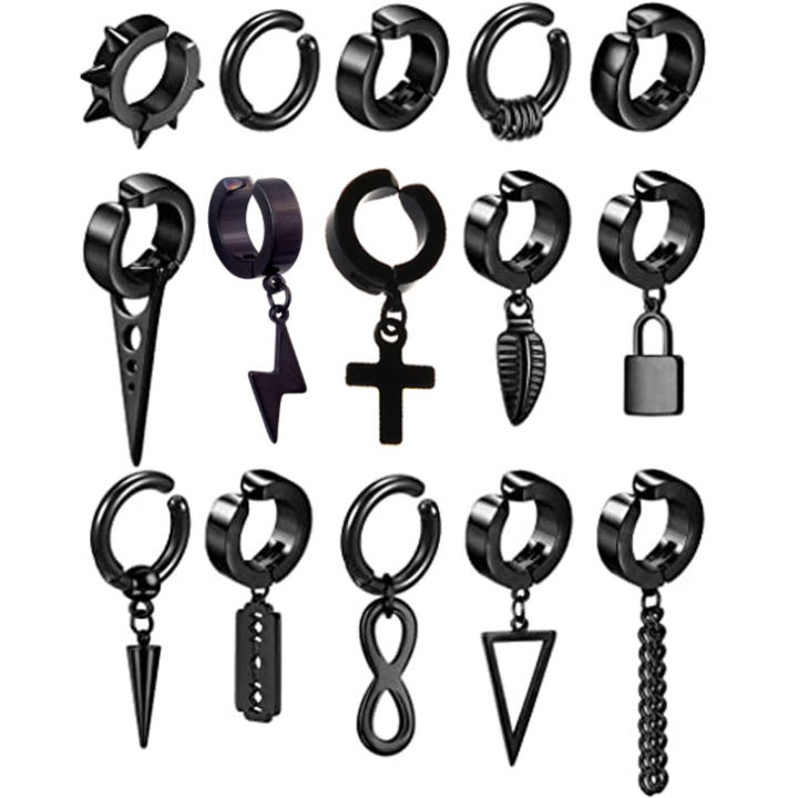 WKOUD 1-15 Pieces Clip On Earrings Set For Men Stainless Steel Black ...