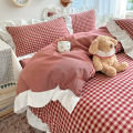 3pcs red,black plaid Duvet Cover Set (1*Duvet Cover + 2*Pillowcase, Without Core), Lace embroidery Bedding Set. 