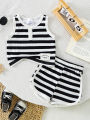 2pcs Summer Baby Boys Girls Black White Striped Ribbed Tank Set, Casual Style, Daily/School Wear, 0-3Y, Breathable Fabric.