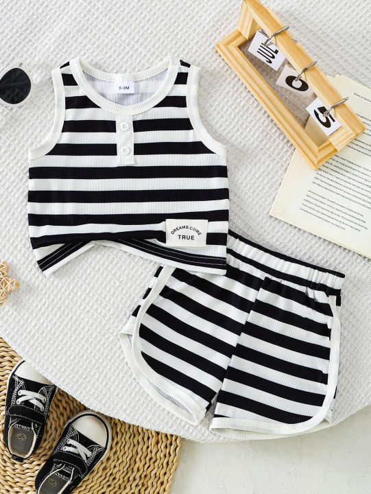 2pcs Summer Baby Boys Girls Black White Striped Ribbed Tank Set, Casual Style, Daily/School Wear, 0-3Y, Breathable Fabric